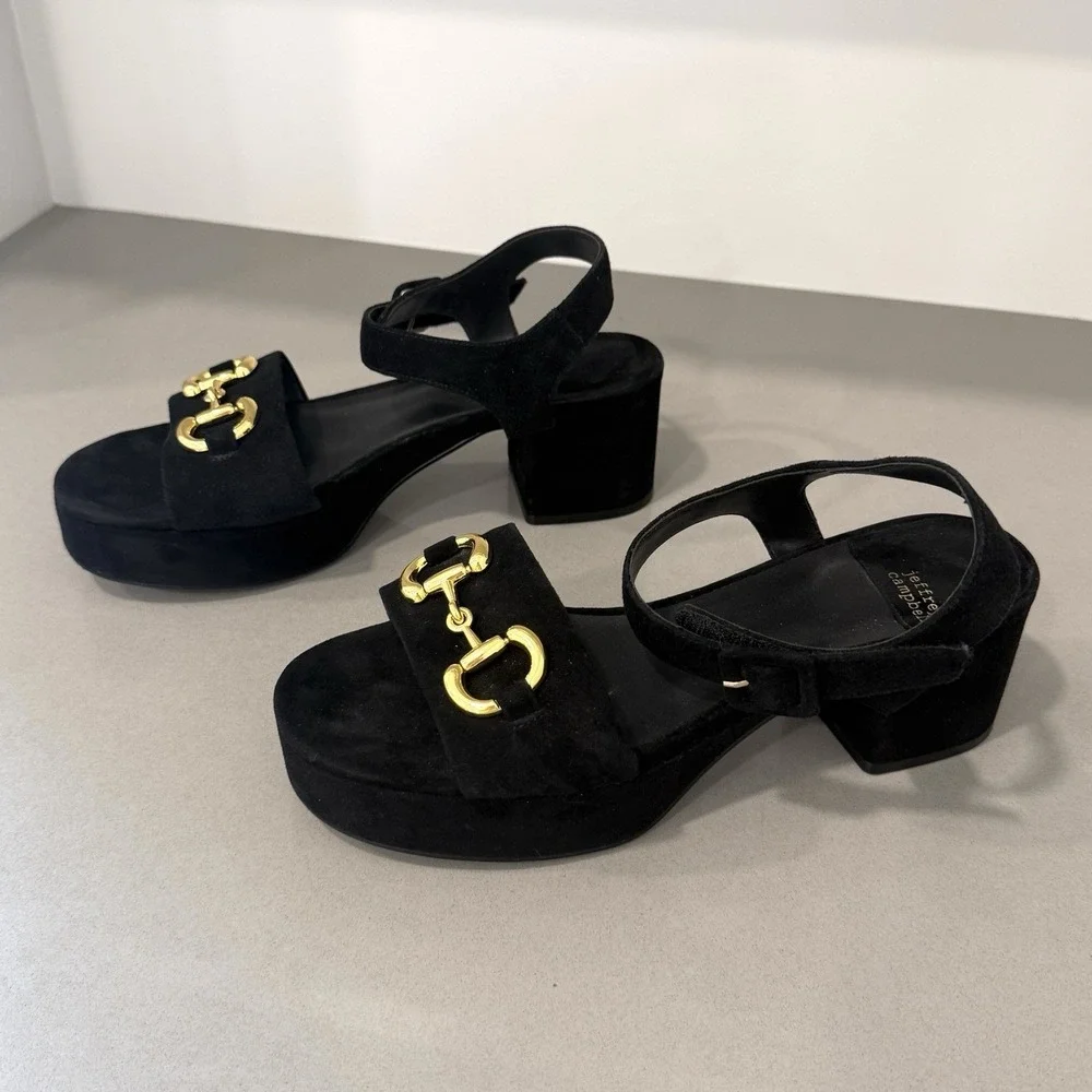 Jeffrey Campbell Timeless 2 Platform Sandals 9.5 Black Suede Retro Chic Chunky